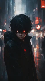 Cyberpunk street portrait with red-eyed antihero focus.