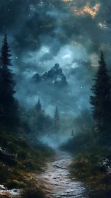 Moonlit forest trail leads toward a mist-veiled mountain peak