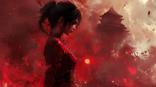 Profiled warrior in red haze with distant pagoda silhouette