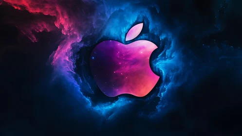 Apple logo centered in nebula-like digital background.
