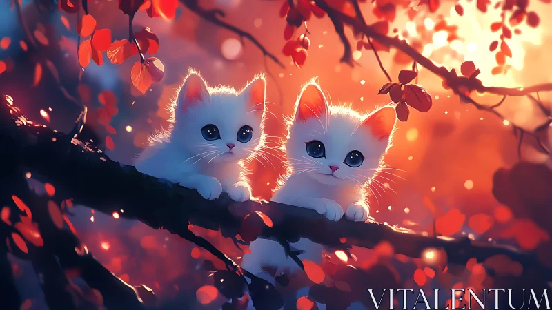 Two White Kittens on Branch Amid Glowing Autumn Leaves