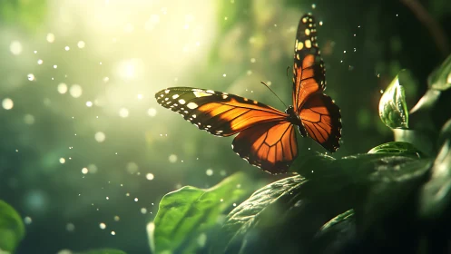 Photorealistic monarch butterfly in luminous forest clearing.