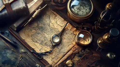 Old world explorer’s desk filled with maps and brass compasses.