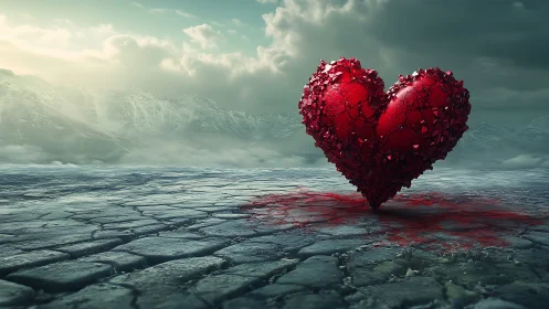 Crimson Heart Form Against Mountainous Seascape.