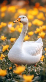 Gentle white goose wandering through a golden flower field.