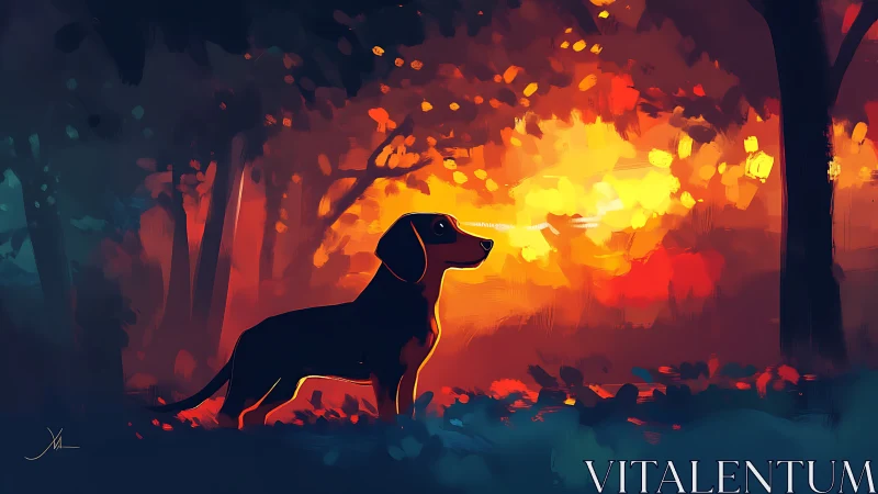 Silhouetted dog in stylized forest with intense sunset light.