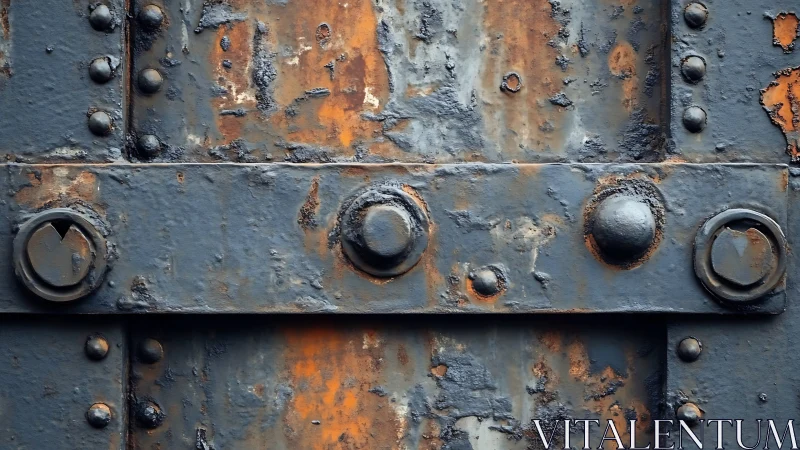 Weathered riveted steel plates with orange rust detail.