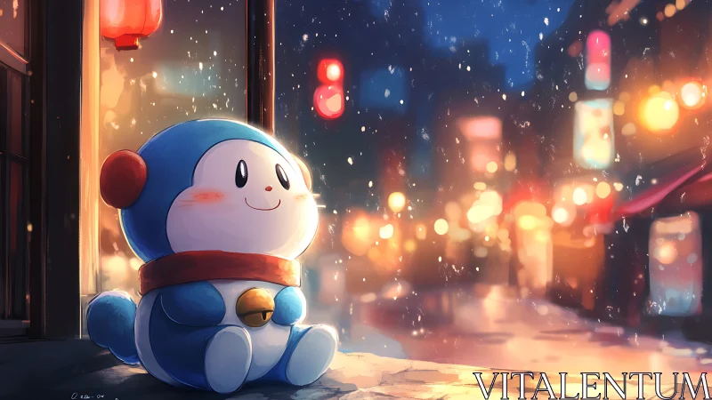 Cartoon snowman sits by lantern watching snowy city street