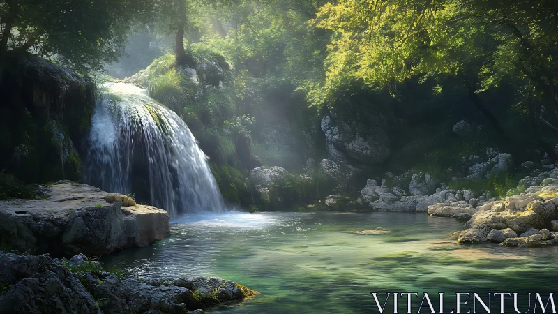 Photorealistic forest waterfall with luminous riparian glade.