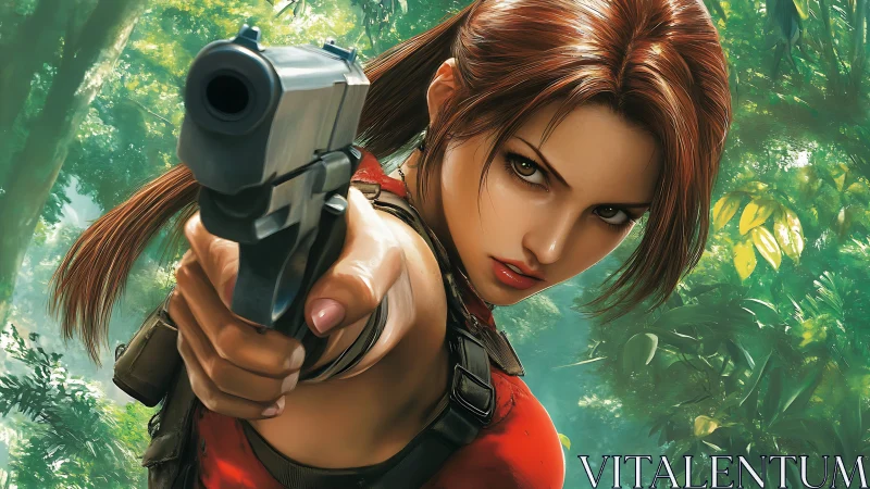 Female gun wielder in dense green jungle environment.