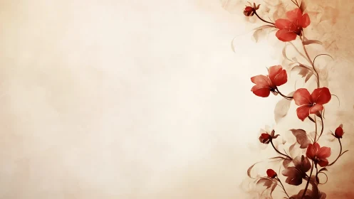 Red Floral Vines Against Warm Sepia Backdrop.