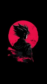 Silhouetted spiky-haired warrior against distressed red moon