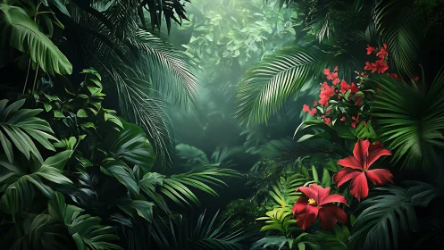 Crimson Blooms Pierce the Verdant Haze.