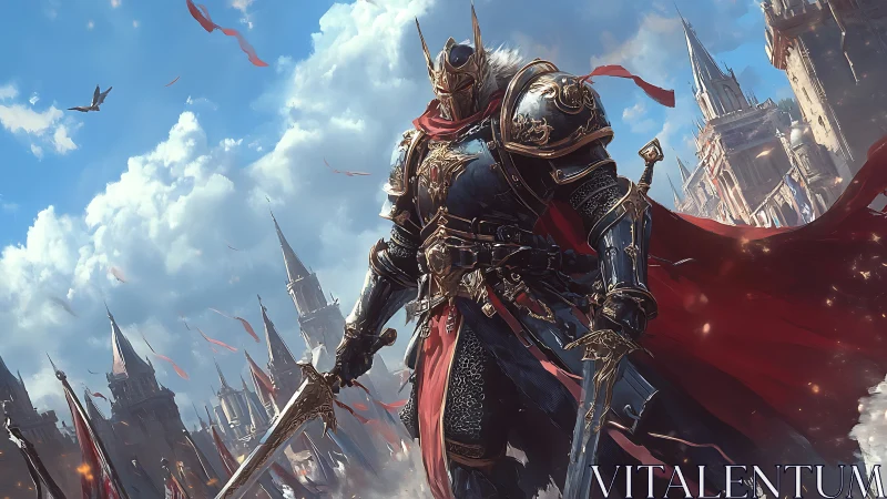 Heavily armored crusader king framed against Gothic citadel