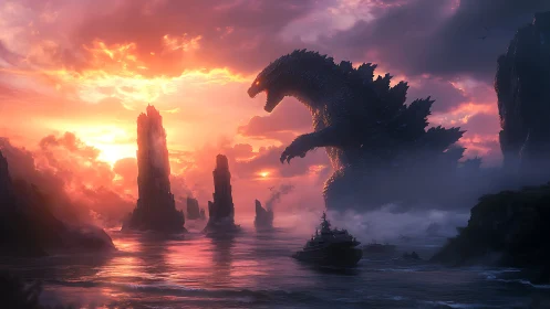 Colossal reptilian figure in coastal seascape at sunset.