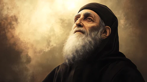 Elderly bearded man in hooded robe against diffuse sky backdrop.