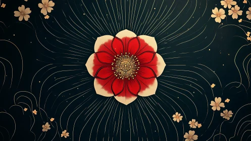 Central Red Bloom Radiating with Ornamental Geometry.