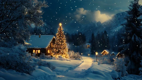 Snowy alpine village glows under winter night sky.