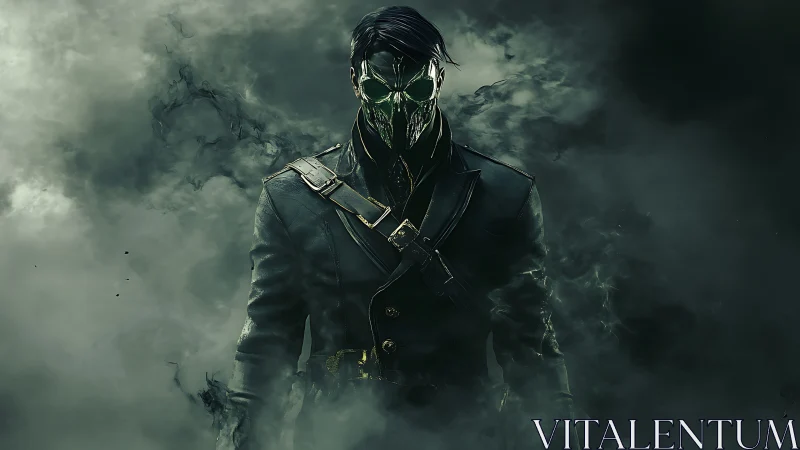 Masked figure in dark coat emerging from dense green smoke.