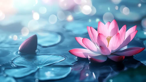 Luminous lotus drifting through dream-bright water hush.
