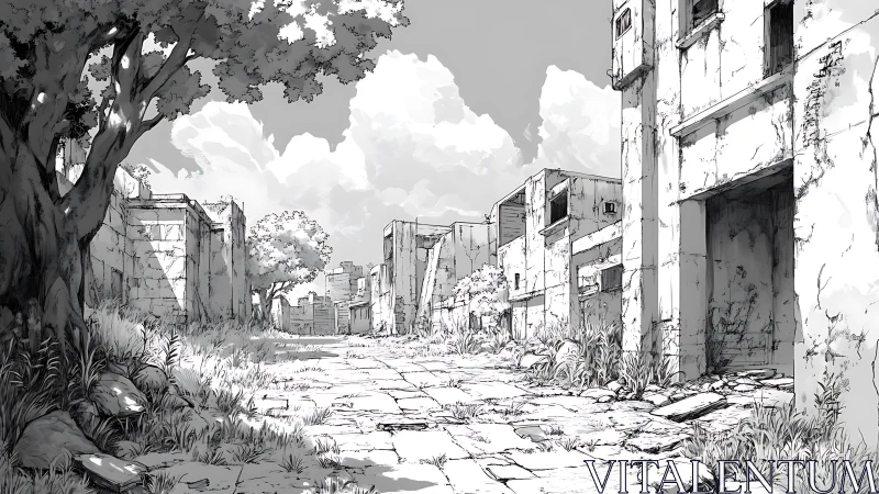 Posturban stone corridor under vegetative reclamation skies.