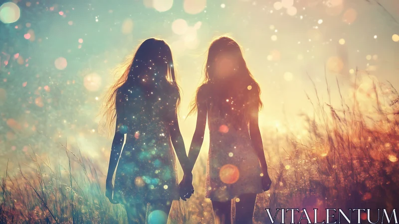 Backlit sisters walk through glowing cosmic meadow sunset