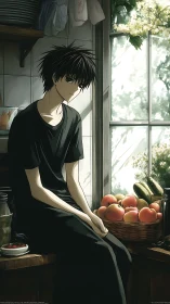 Young male figure by kitchen window with fruit basket.