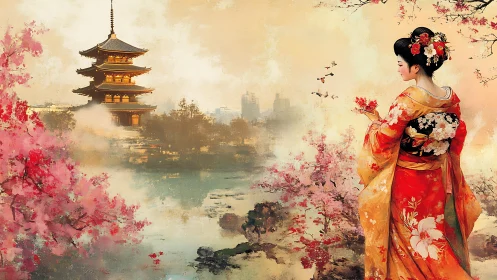Woman in kimono observes pagoda landscape with cherry blossoms
