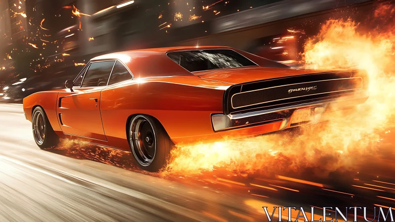 Inferno-orange muscle car shredding streets in wildfire speed.