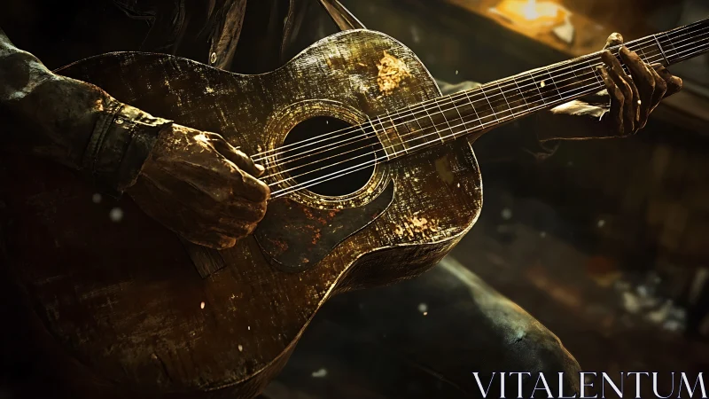 Weathered acoustic guitar gripped by gritty worn hands.