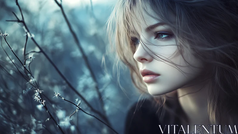 Winter-breath daydreamer in a frostbitten thicket gaze.