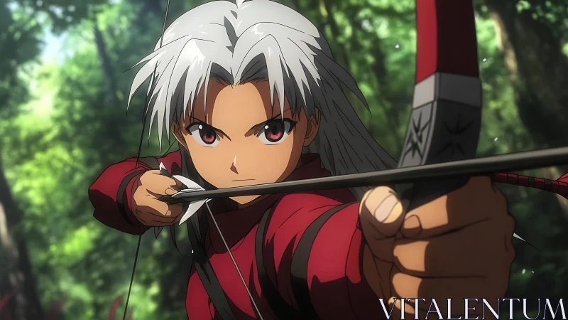 White haired anime archer aiming recurve bow in forest