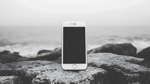 White iPhone Positioned on Coastal Rock Formation