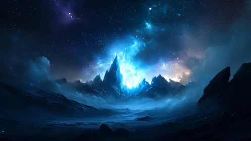 Frozen alien landscape under bright stellar nebula glow.