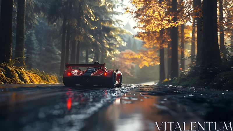 Red track car on wet forest road in cinematic autumn light.
