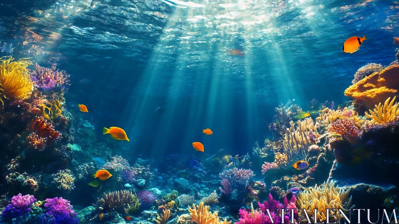 Sunlit coral reef ecosystem with vibrant tropical fish schooling