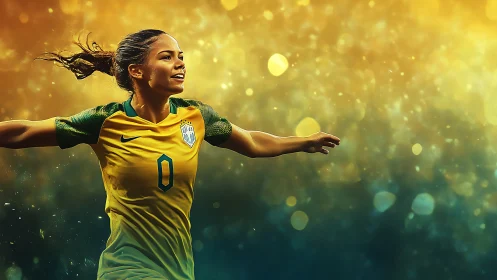 Dynamic female footballer celebrates against bokeh stadium glow