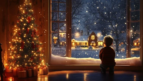 Softly lit Christmas wonder and a child’s snowy window gaze.