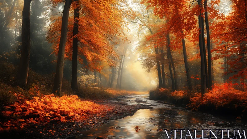 Autumn forest pathway with stream and deciduous canopy.