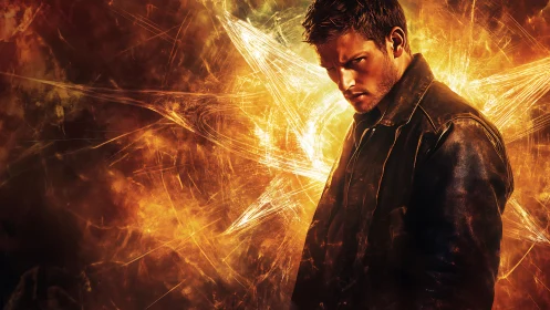 Brooding hero framed by fiery golden light and mystery.