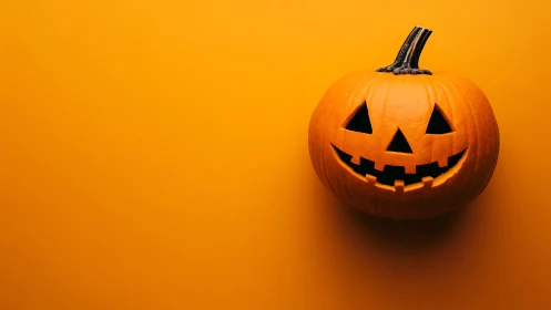 Jack o lantern pumpkin glows against solid orange background