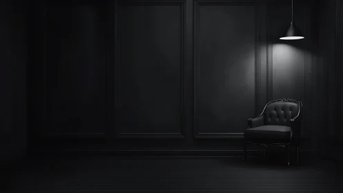 Black armchair under pendant light in dark paneled room.