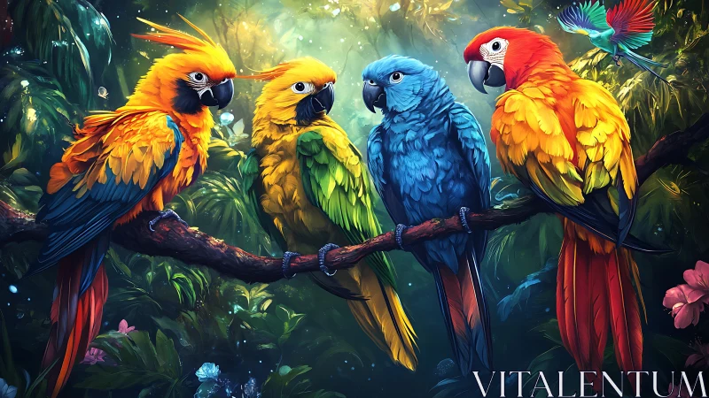Vibrant Parrots on Jungle Branch in Lush Digital Art Style.