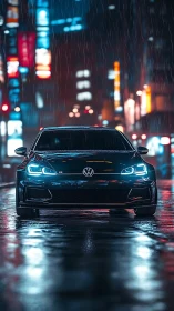 Sporty black car dominates neon city street in heavy rain