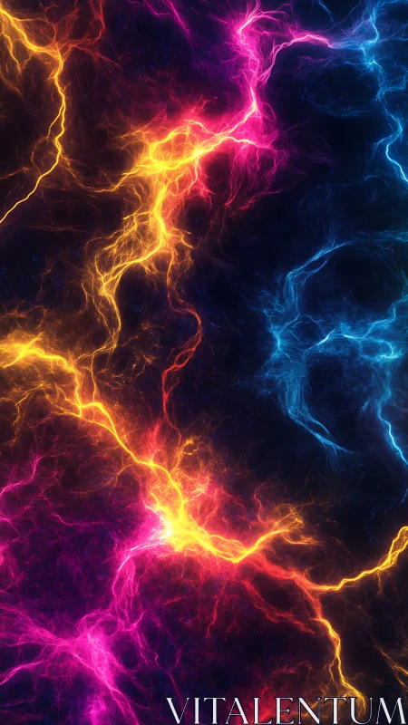 Colored plasma-like energy streaks on dark digital background.