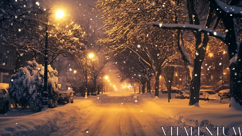 Winter city street glows under soft falling snow at night.