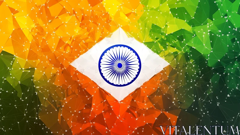 Polygonal Indian tricolour with networked Ashoka Chakra emblem.