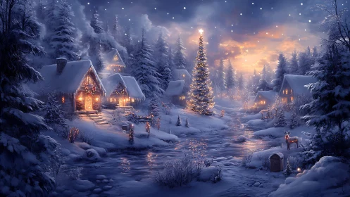 Snowy village river with illuminated Christmas tree scene.