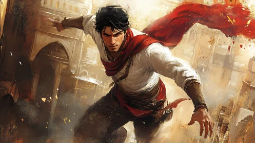 Dynamic parkour runner in dusty Middle Eastern cityscape environment