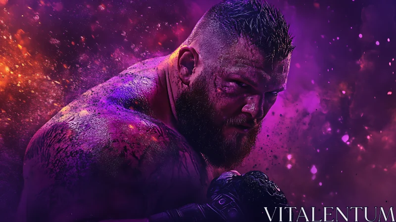 Muscular bearded fighter stares intensely amid purple sparks